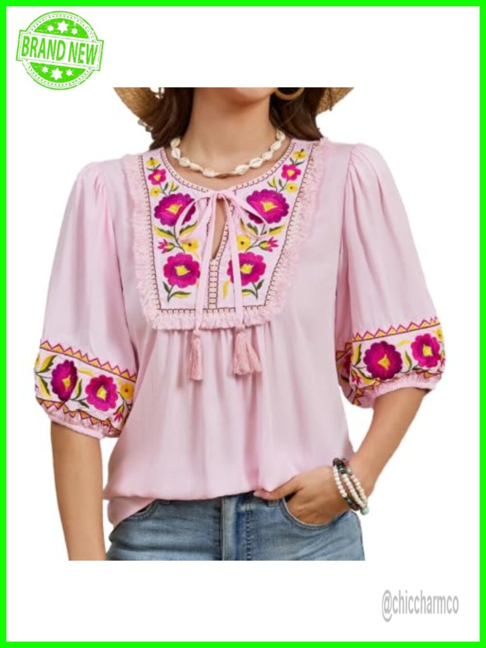 Boho Floral Embroidered Puff Sleeve Tunic Blouse Peasant Top